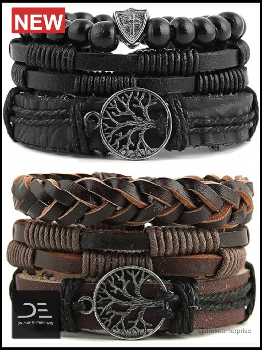 Tree of Life Leather Bracelet with Natural Stone Beads - Unisex Elastic
